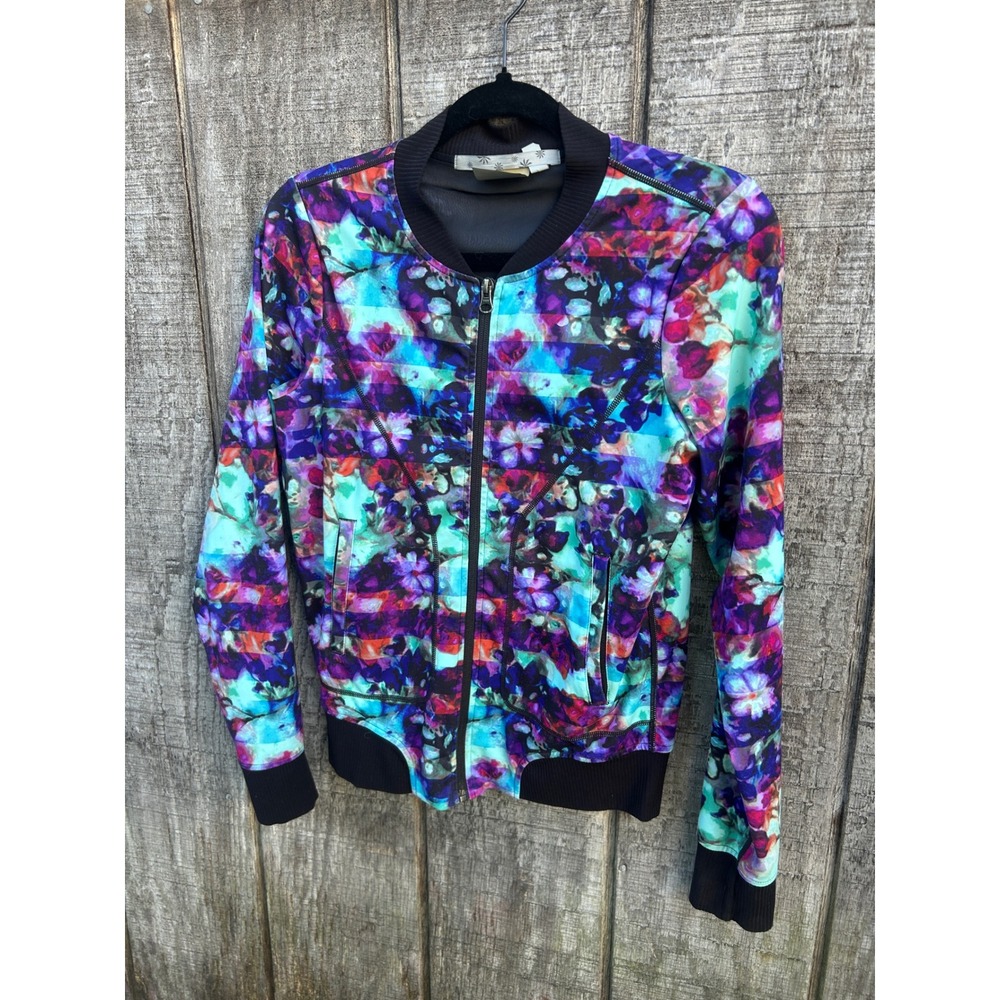 Athleta Floral Bomber Jacket Women xs Zip Front Athletic Yoga Watercolor Print